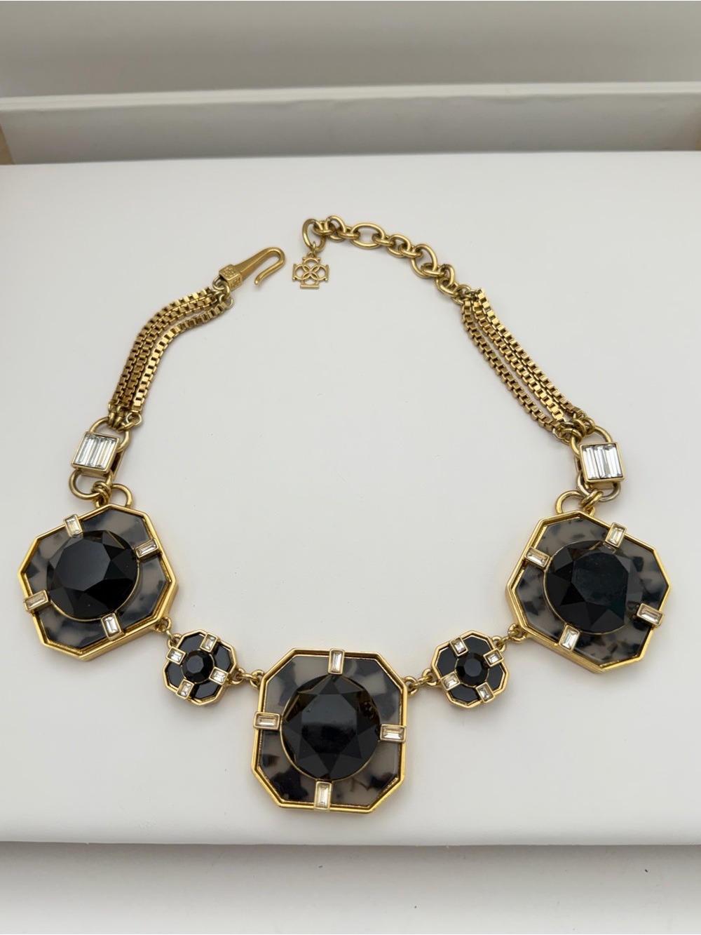 Ann Taylor black lucite Statement Necklace gold tone with rhinestones